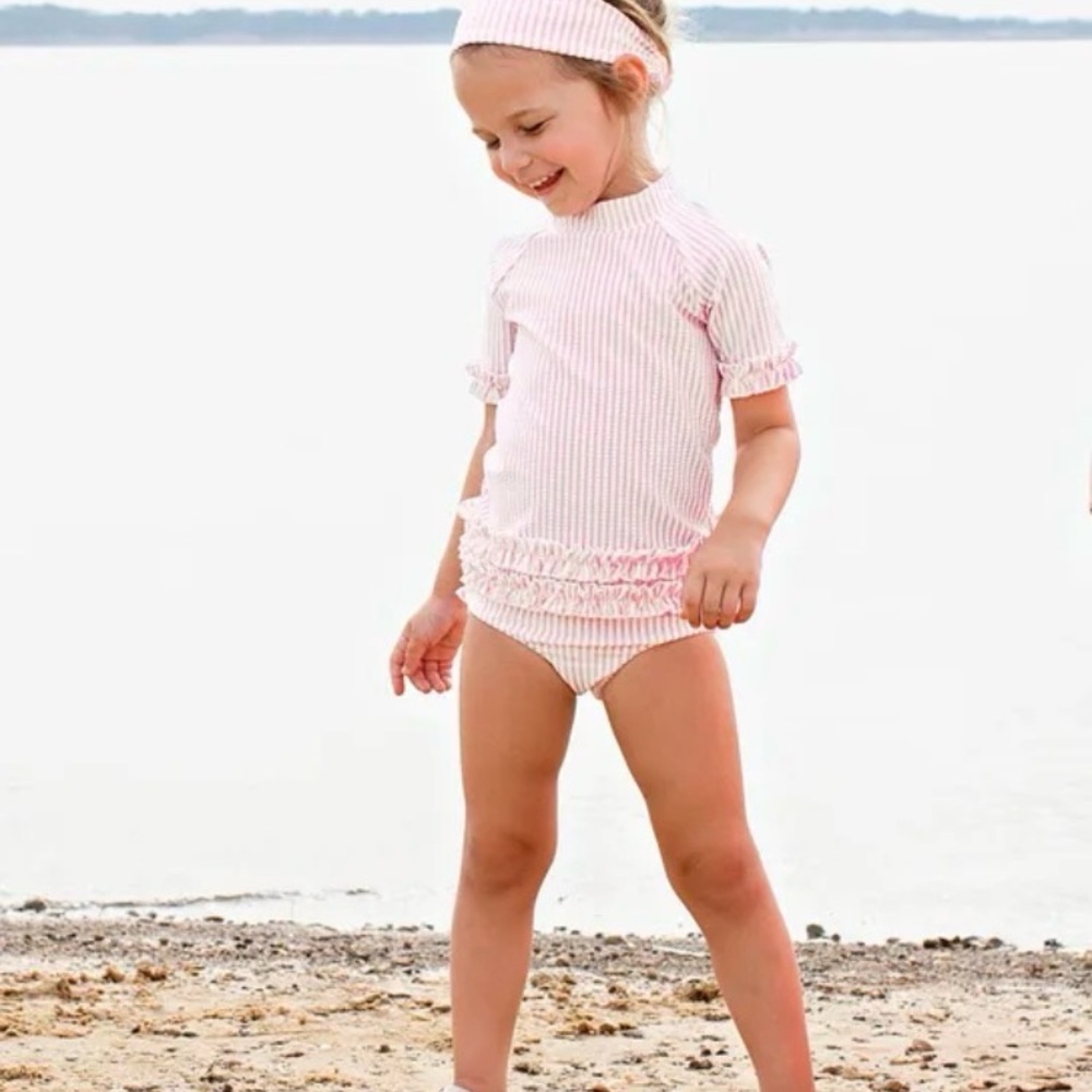 RuffleButts Pink Seersucker Ruffled Rash Guard Bikini - Picture 5 of 5